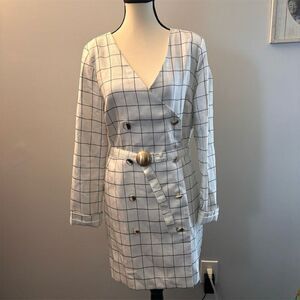 Chriselle x J.O.A. Women's White Checkered Blazer Minidress XL Double-Breasted